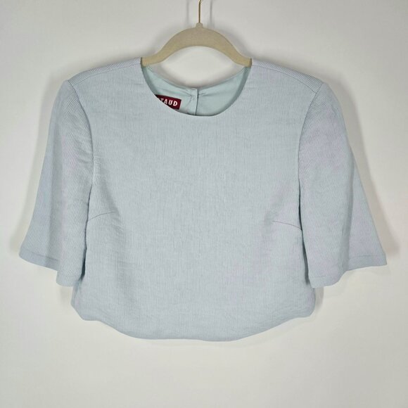 Staud Blue Ribbed Florence Top Cropped Slit Back Short Sleeve Women's Size Small - Picture 2 of 12